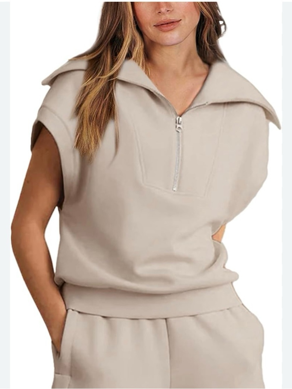 Beige Half-Zip Sleeveless Pullover